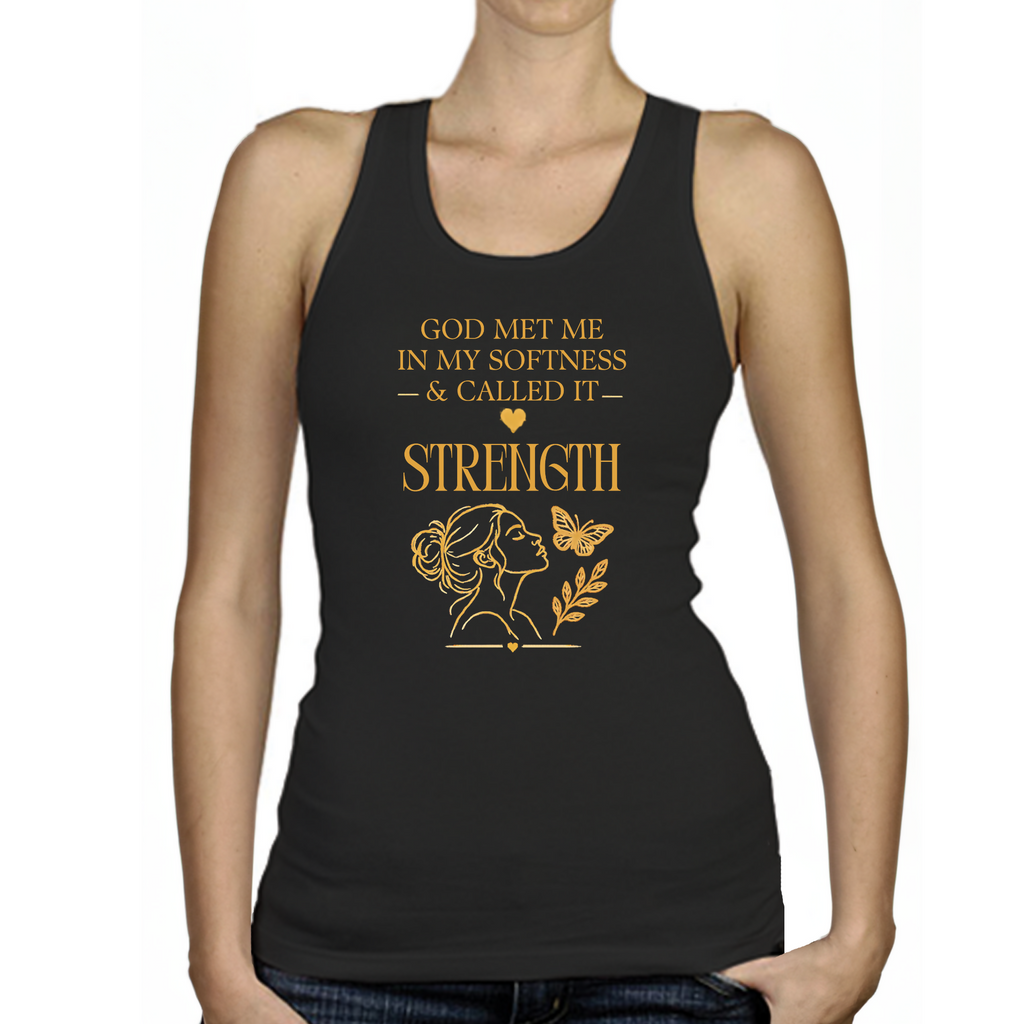 God met me in my softness - Ladies Racerback Tank (Rooted in Purpose)