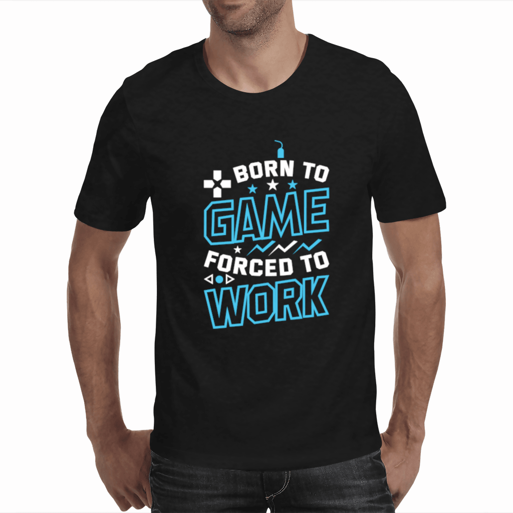 Born To Game, Forced to Work (White Blue) - Men's T-Shirts (Shirt Shack)